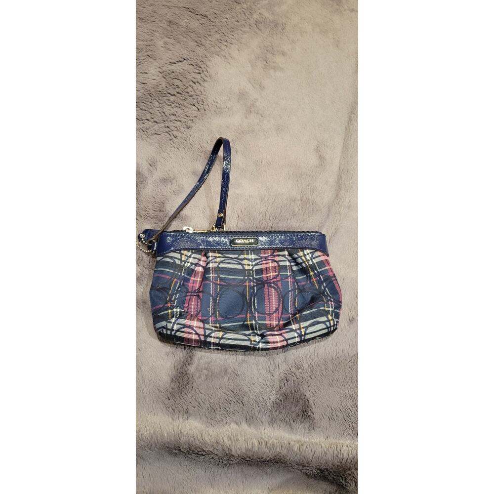 Coach Plaid Wristlet Signature C Logo Blue Patent Trim Small Clutch Purse Y2K